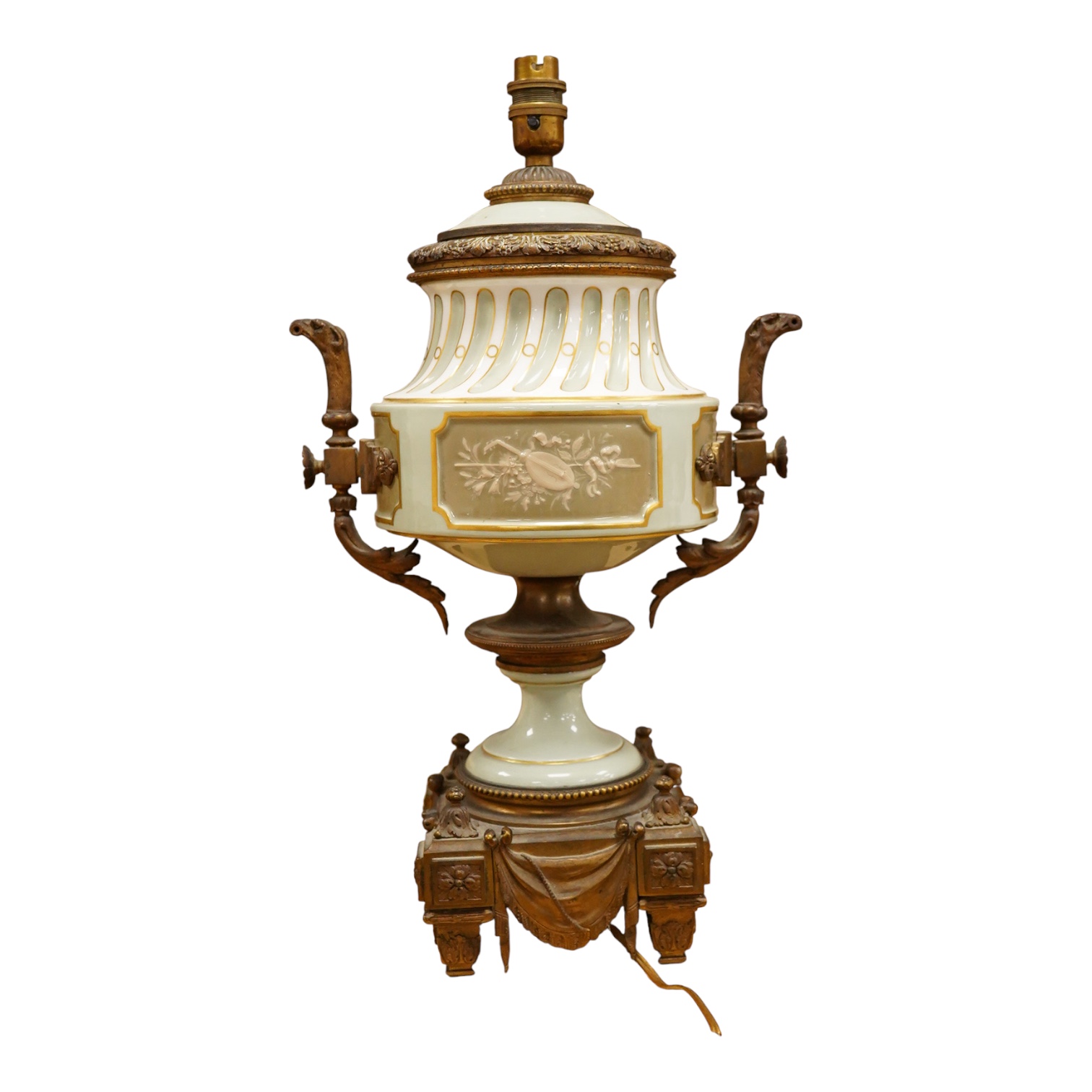 A French Sevres style porcelain and ormolu table lamp, with central decoration of a lyre amongst foliage, 49cm